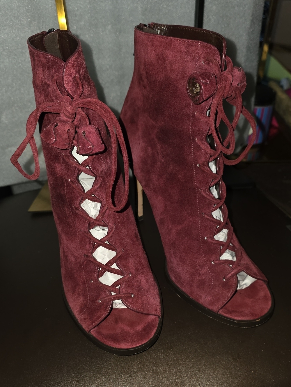 Coach Burgundy Suede Lace-Up Peep-Toe Ankle Boots Euc Sz 8.5